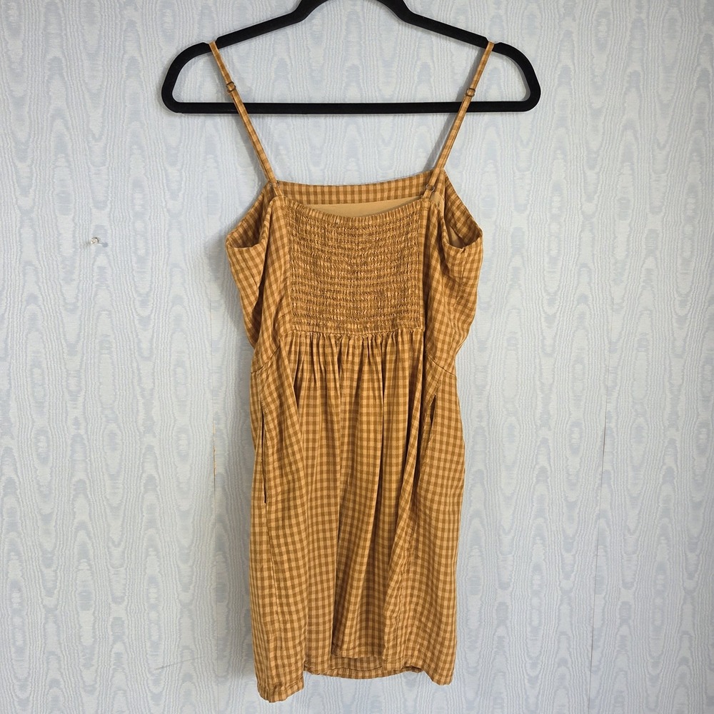Aeropostale Mini Dress M Smocked Gingham Mustard Spaghetti Strap Twee Picnic - Picture 2 of 5